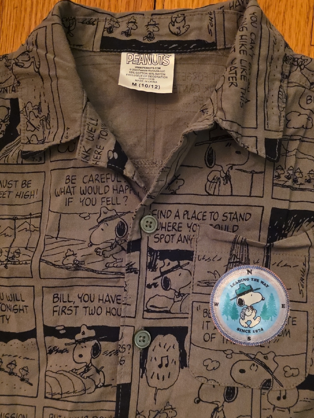 Peanuts Snoopy Olive Green Comic-Panel Shirt with Snoopy Patch